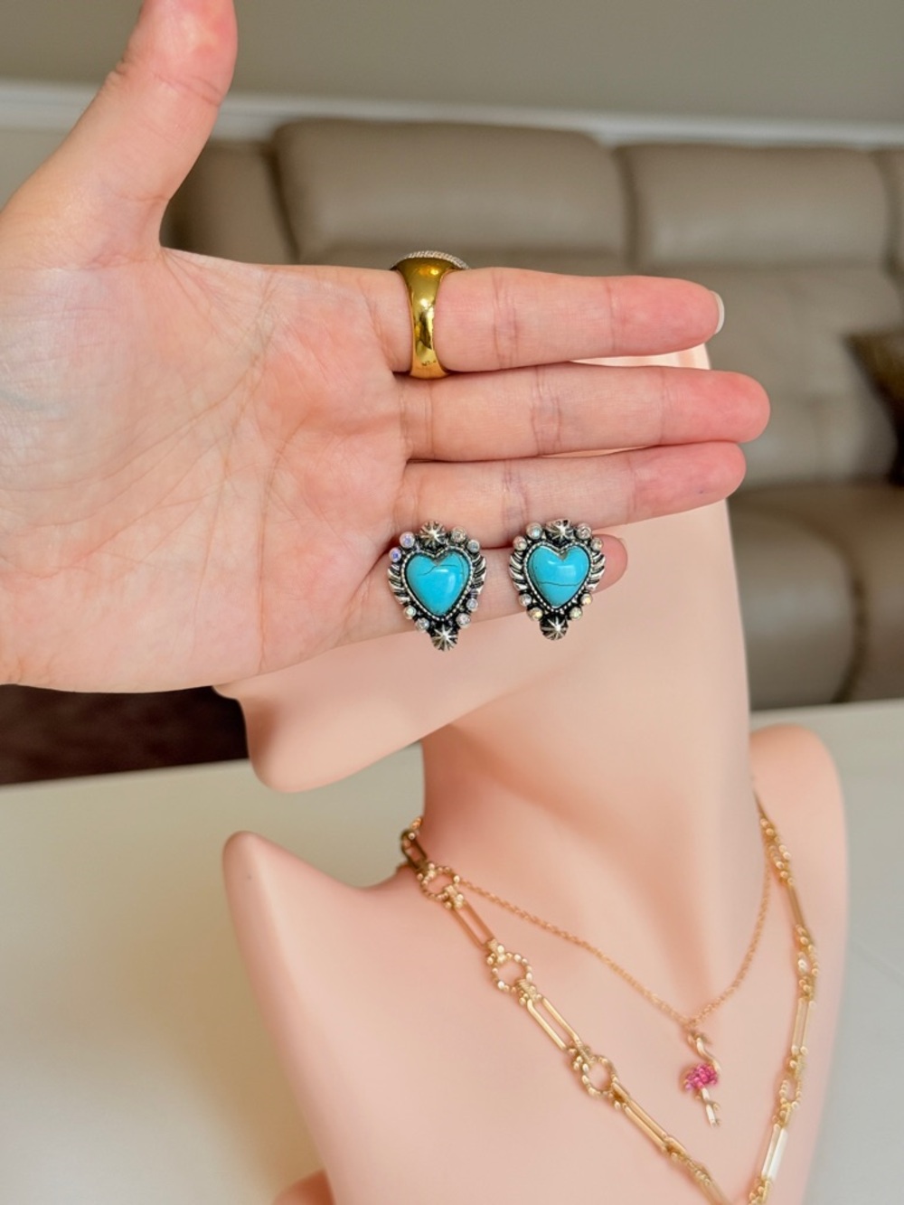 Turquoise Heart Stud Earrings - Picture 10 of 12